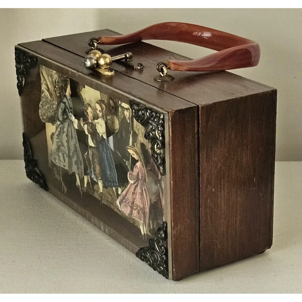 Vintage Wooden 3D  Decoupage Decorative Keepsake Box Purse 1960s/70's